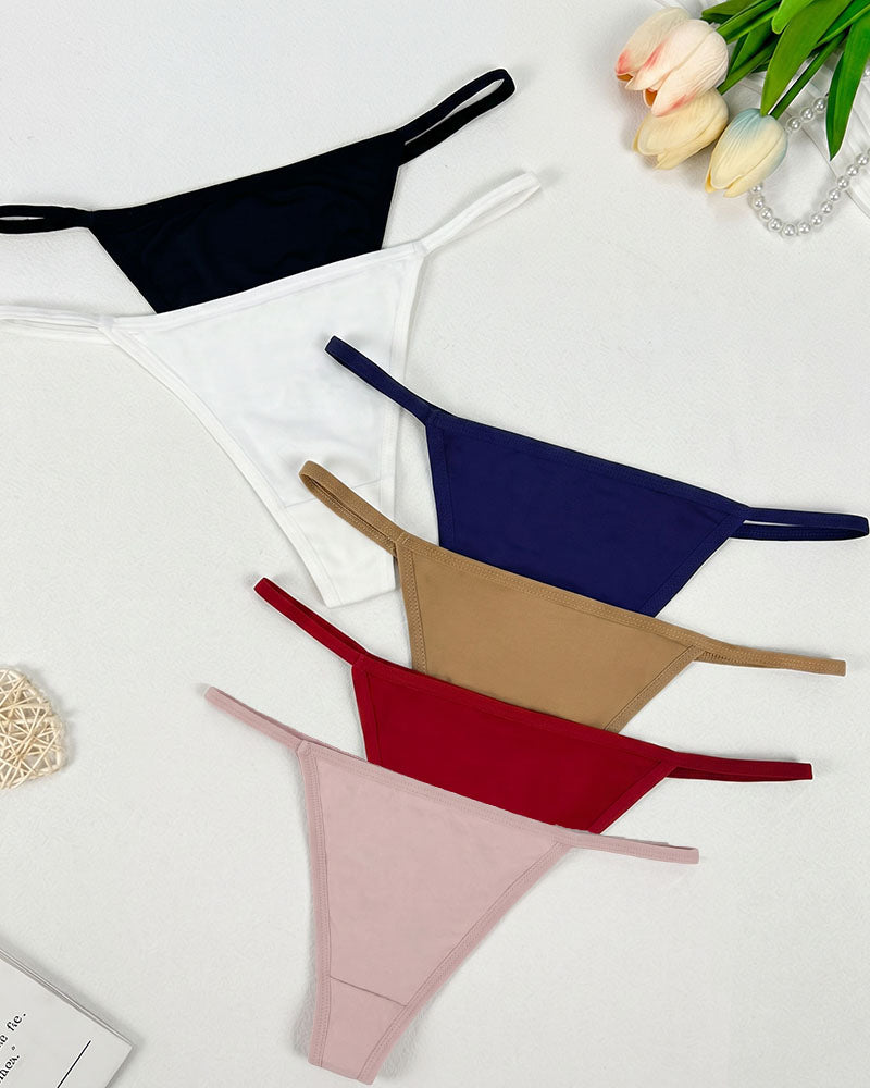 Seamless thong panties set: black, white, dark blue, tan, pink, and wine red.