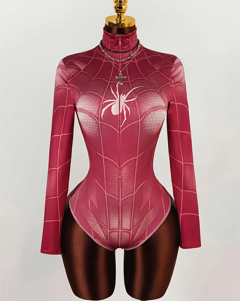Pink long-sleeve spiderweb bodysuit with front spider emblem and high neckline.