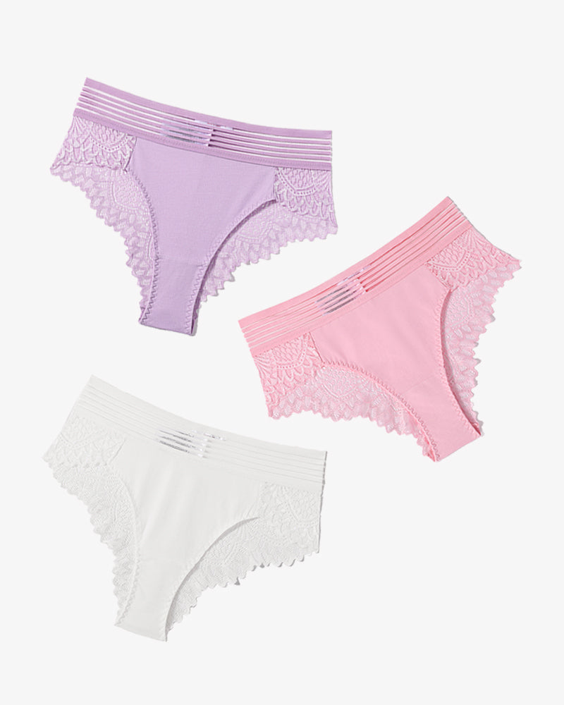 Lace hipster panties set in lavender, pink, and white with scalloped lace edges.