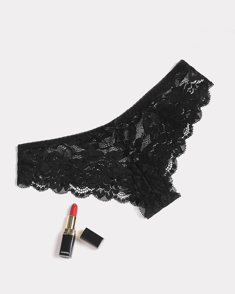 Black floral lace hipster panties with scalloped lace hem