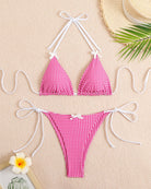 Pink gingham halter triangle bikini set with bow ties and matching bikini bottoms