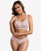 Dusty rose full-coverage wireless bra with smooth contoured cups and adjustable straps
