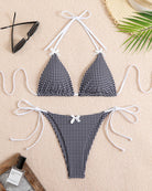Black and white gingham halter triangle bikini set with bow ties and bikini bottoms