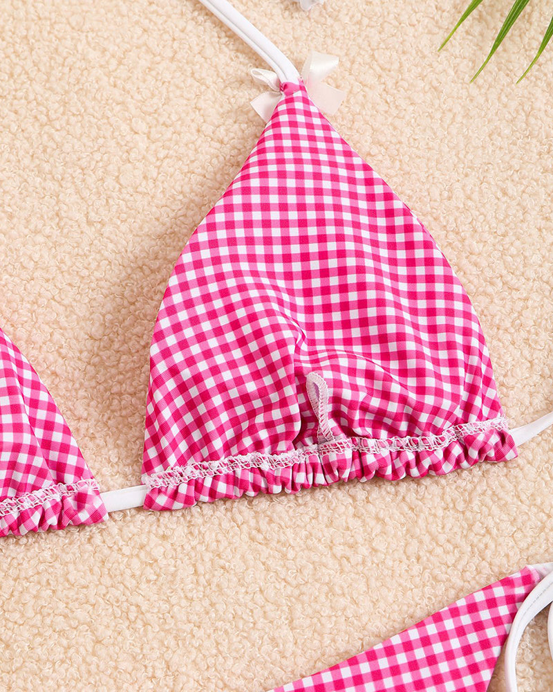 Pink gingham halter bikini top with bow tie straps and ruffled bottom edge