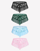 Floral lace ruffle briefs set in black, green, light blue, and pink with center bows.