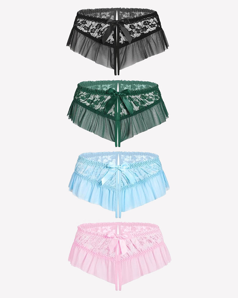 Floral lace ruffle briefs set in black, green, light blue, and pink with center bows.