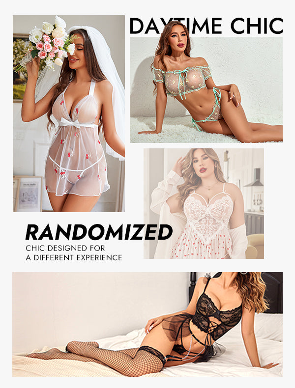 White sheer lingerie babydoll set with lace trim and red accents