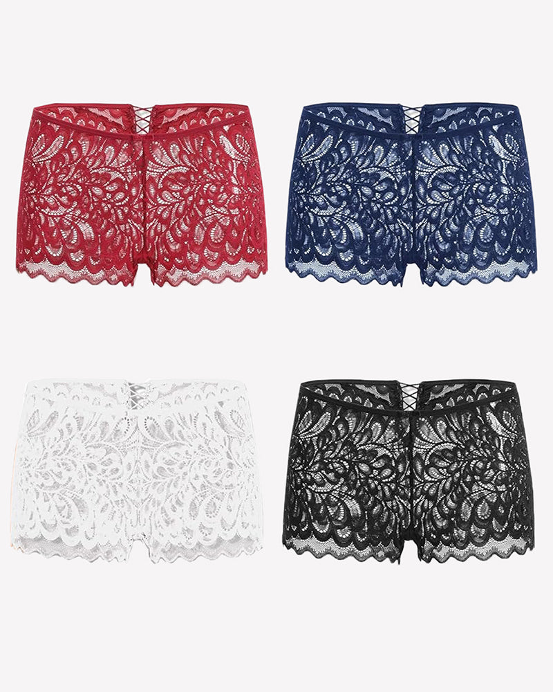 Assorted lace boxer briefs: dark red, navy blue, white, and black, scalloped hems