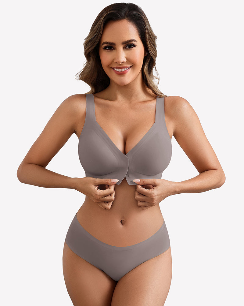 Grey seamless front-closure bralette with V-neck and soft cups