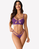 Purple lace bra and panty set, butterfly cutout, strappy lace straps