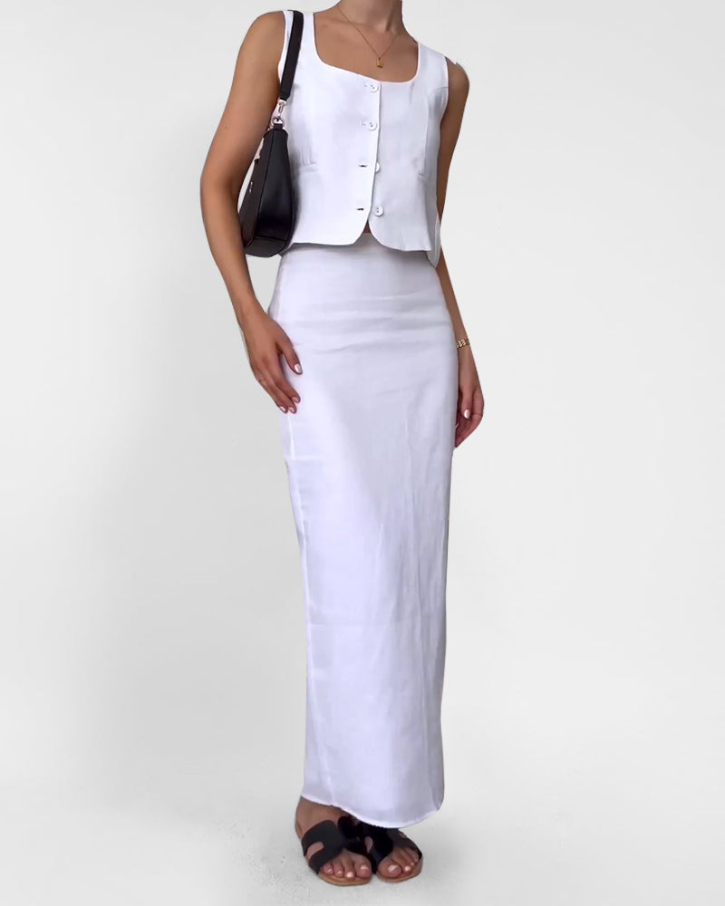 White sleeveless vest and long pencil skirt set with button-front design