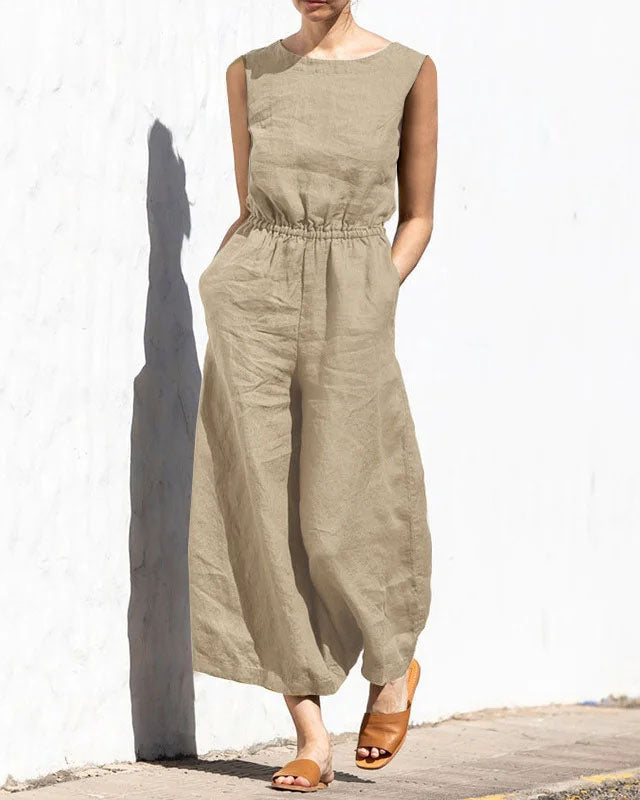 Khaki sleeveless long jumpsuit with crew neck, elastic waist, wide legs