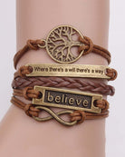 Brown braided leather bracelet with tree of life round charm and 'believe' plate