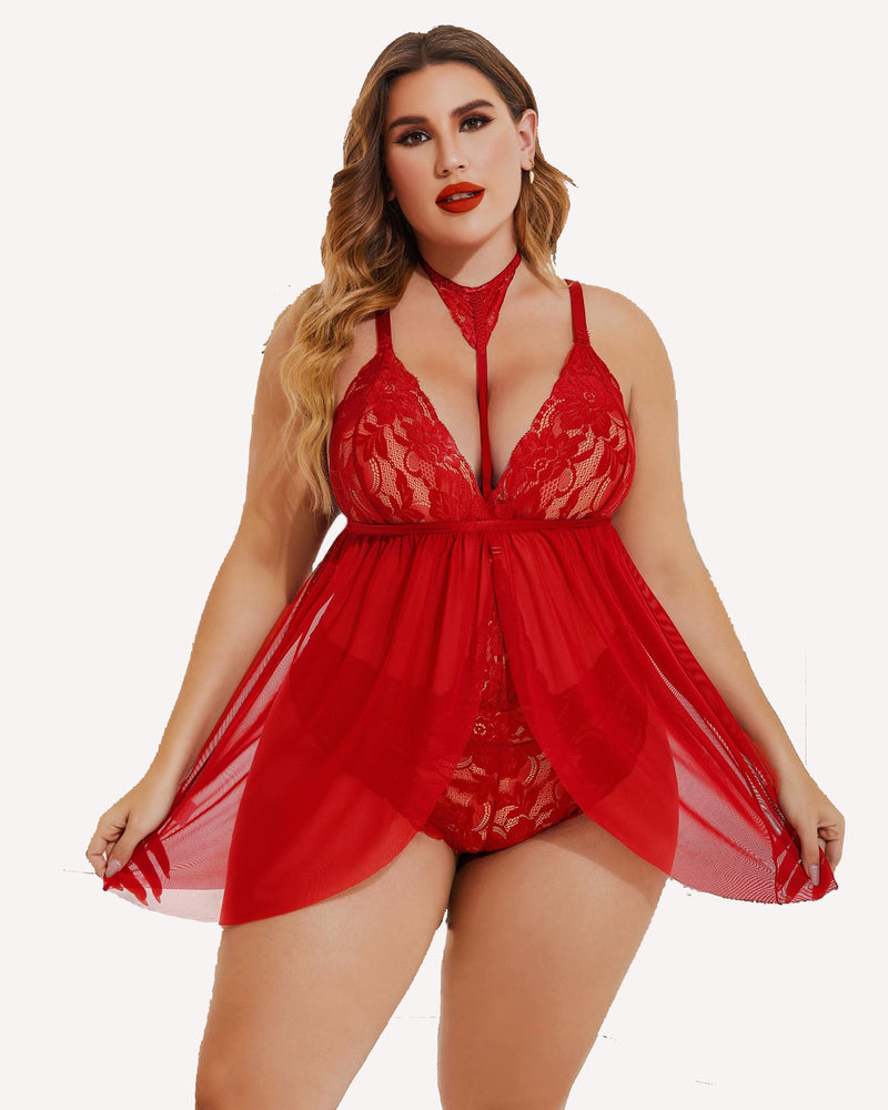 Plus size lace babydoll sleepwear in red with lace cups and sheer mesh skirt