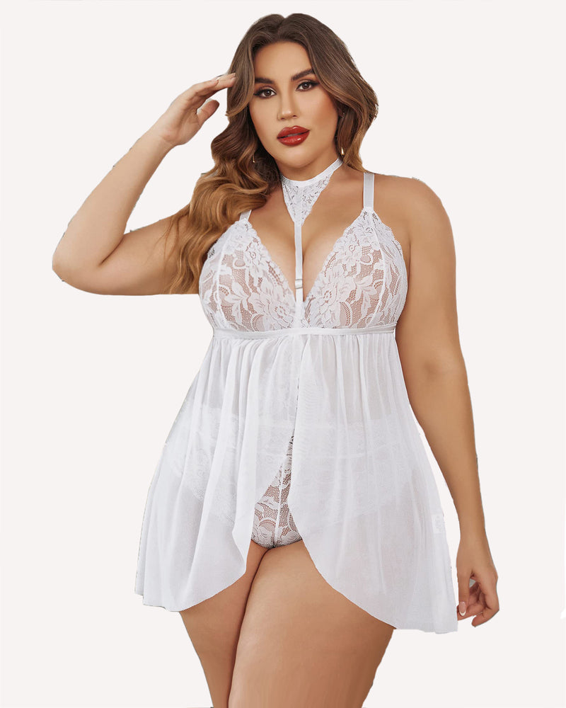 Plus size lace babydoll sleepwear in white with lace cups and sheer mesh skirt