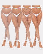 White fishnet high-waist footless tights with diamond grid and white triangular crotch panel.