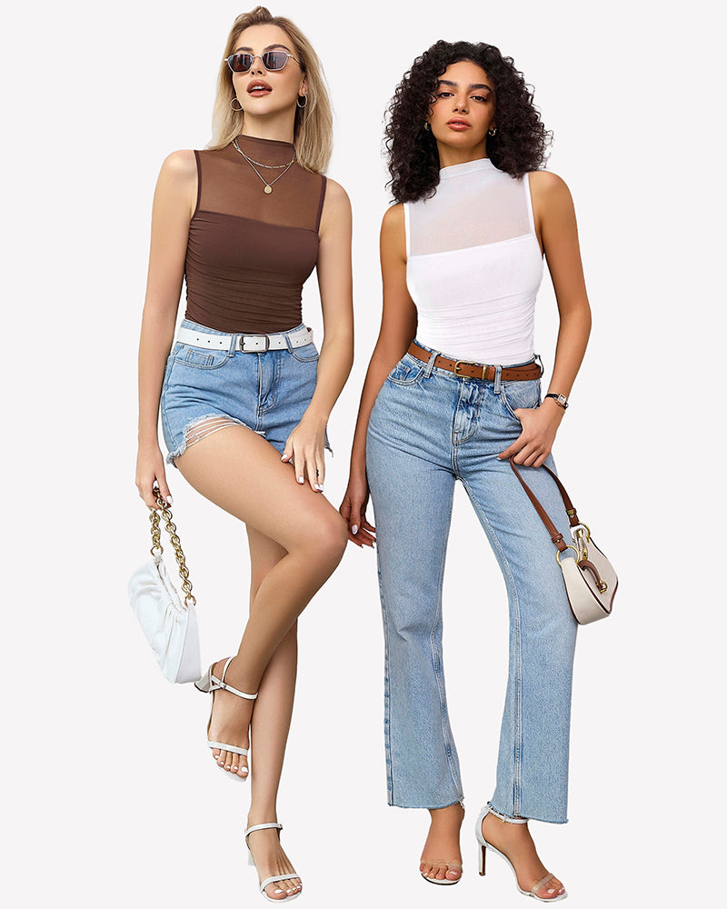 Mock neck mesh bodysuit set, brown and white ruched tank styles