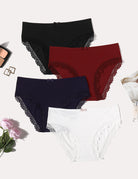 4-pack lace-trim panties with crisscross back; black, red, navy, white