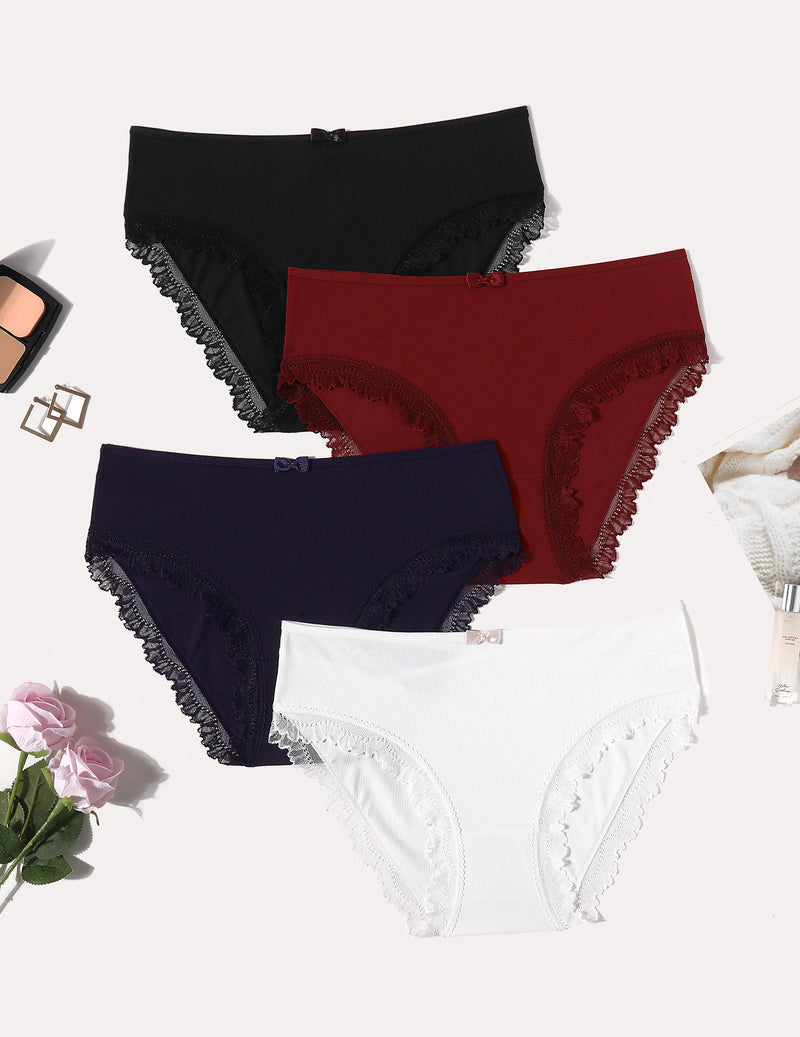 4-pack lace-trim panties with crisscross back; black, red, navy, white