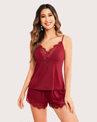 Wine red lace-trim short pajama set with V-neck camisole and scalloped lace shorts
