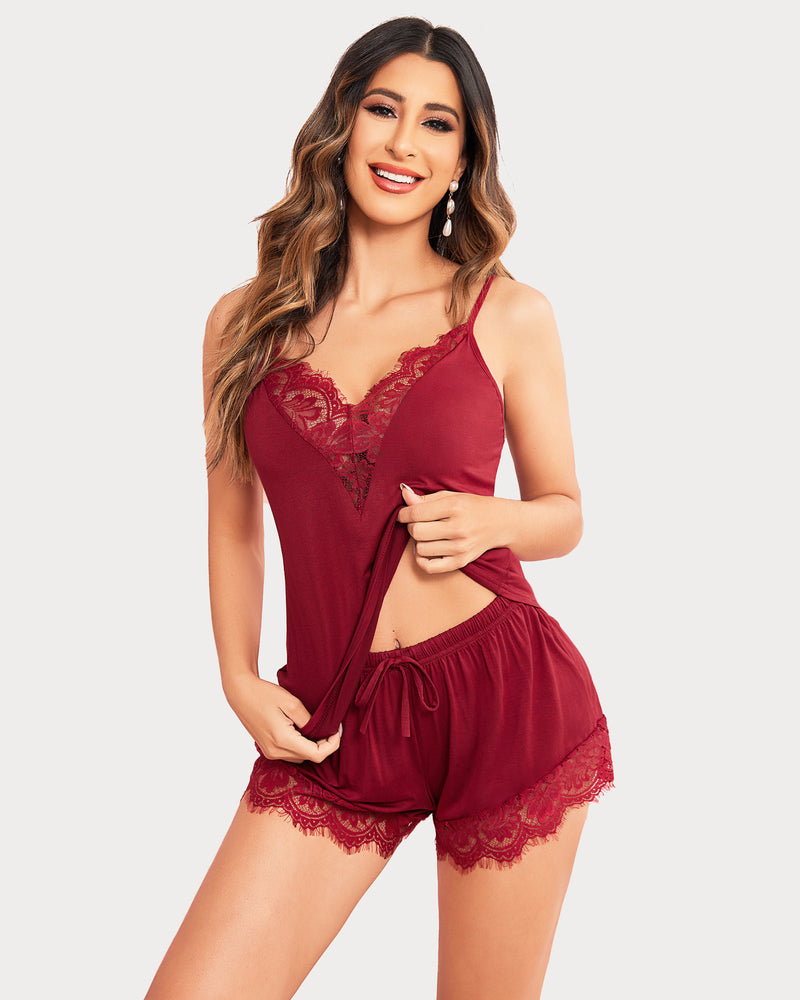 Wine red lace short pajama set with lace bust detail and ruffled lace-trim shorts