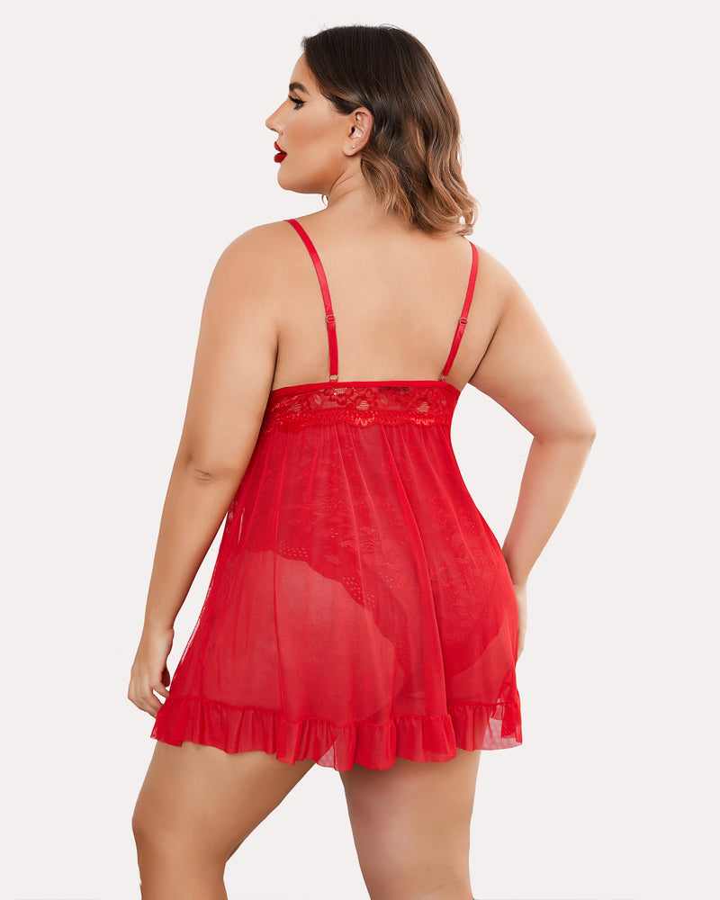 Red sheer babydoll with lace-trim straps and snap-crotch detail, plus size