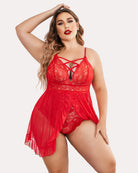 Red lace babydoll with crisscross neckline and sheer ruffled skirt