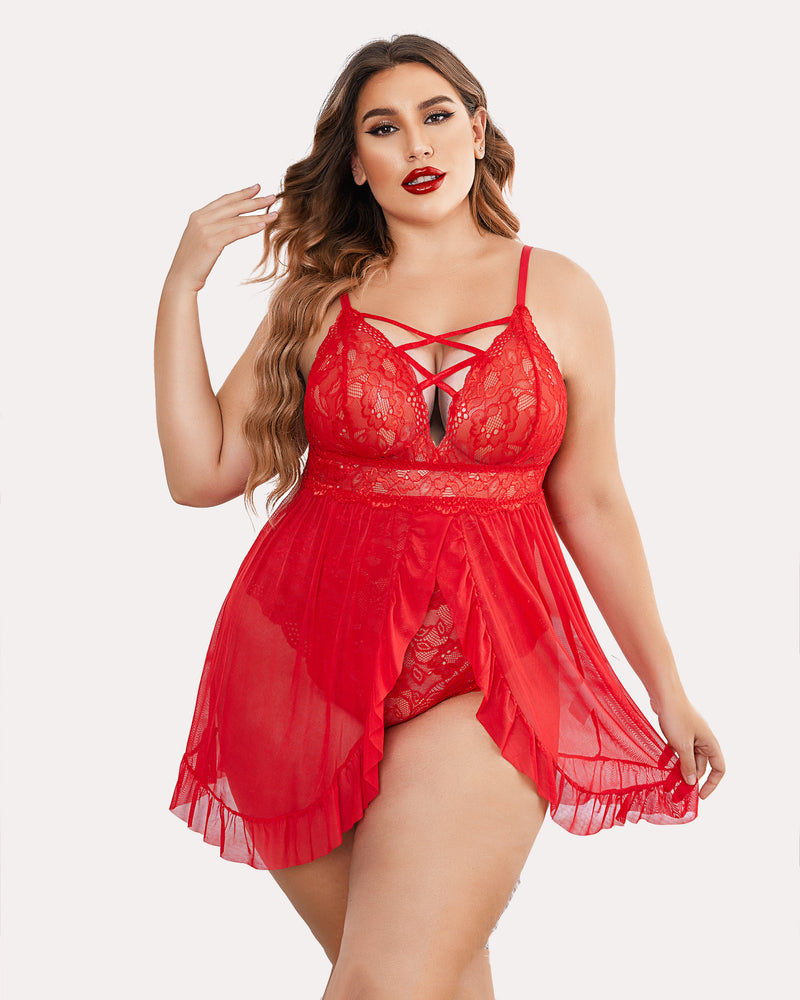 Plus size red lace babydoll with crisscross lace bodice and flowing sheer mini skirt