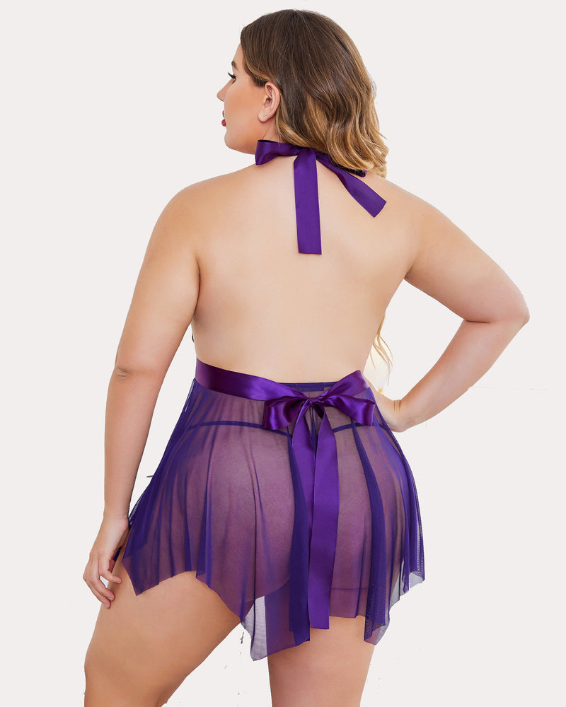 Purple high-waist teddy babydoll with back halter tie and layered sheer skirt