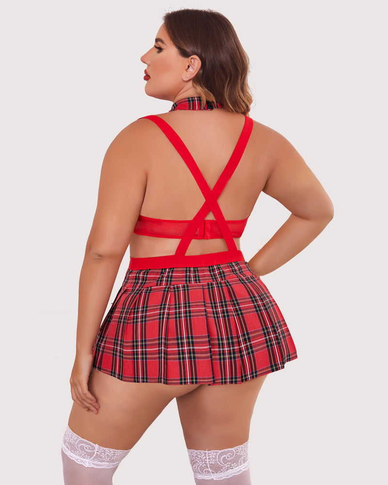 Red plaid mini skirt with halter tie-back top and white lace thigh highs, back view.