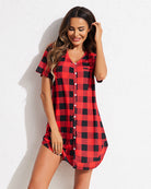 Red plaid V-neck button-down night shirt with short sleeves and center button placket