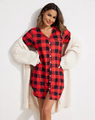 Red plaid V-neck button-down night shirt with chest pocket and short sleeves