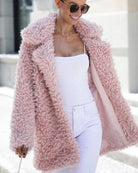 Pink oversized fleece teddy jacket, open front, shaggy sherpa texture