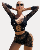 Black rhinestone fishnet lingerie set, front view with lace-up neckline and mini skirt
