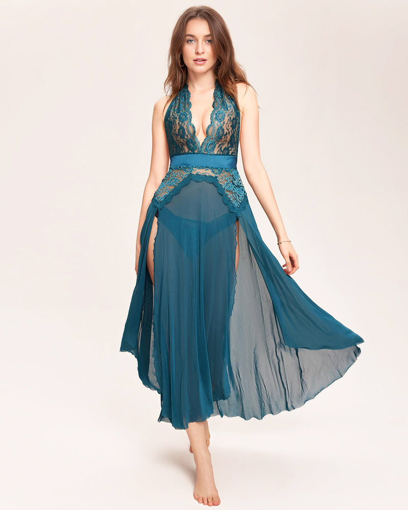Blue-green deep V-neck lace mesh dress with sheer skirt and lace trim