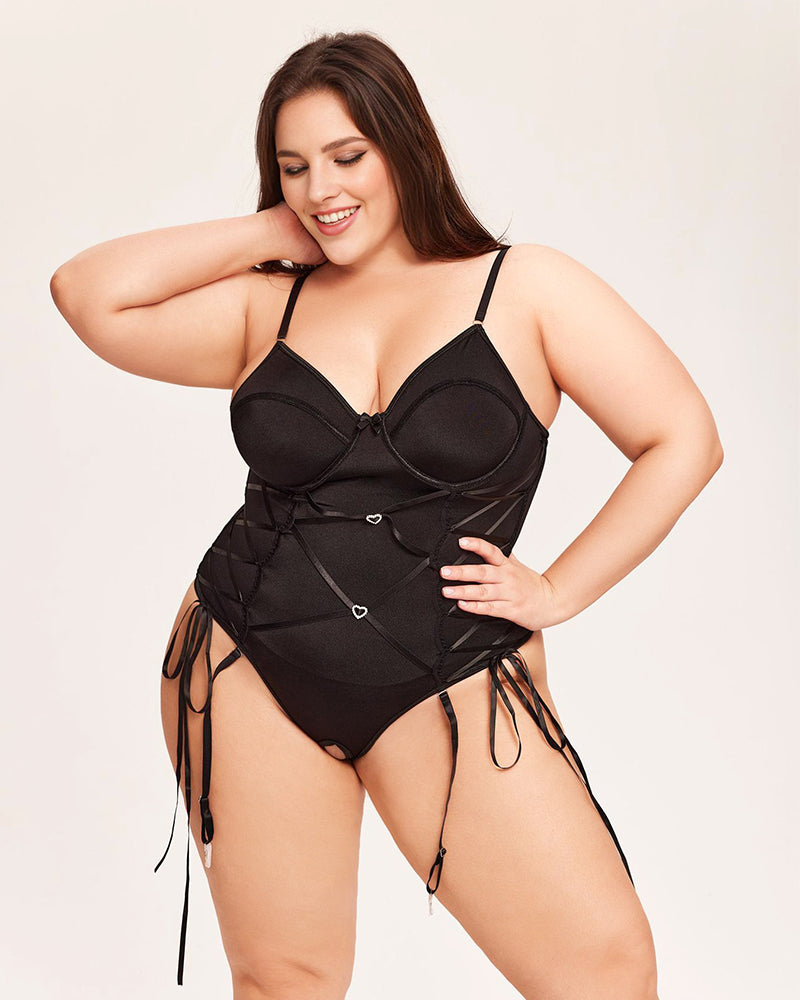 Black tummy control bodysuit with sweetheart bra cups and garter belt straps
