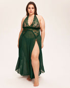 Dark green lace mesh deep V-neck babydoll dress with sheer halter straps