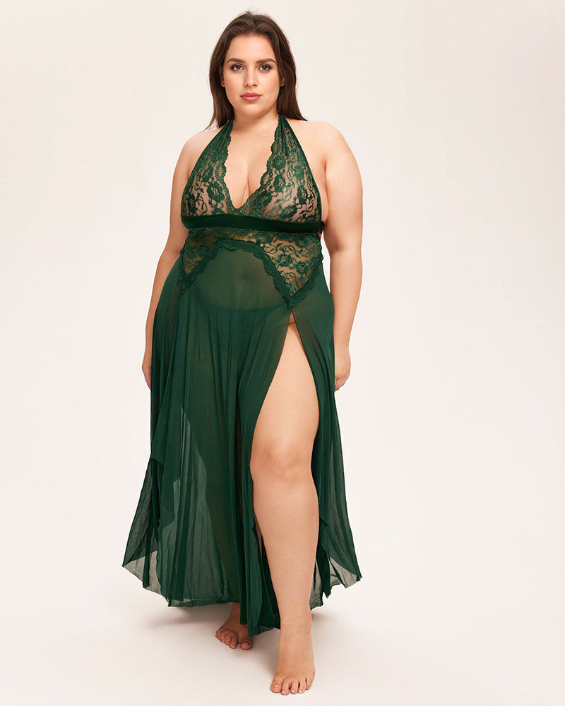 Dark green lace mesh deep V-neck babydoll dress with sheer halter straps