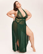 Dark green lace halter babydoll dress with deep V-neck and sheer draped skirt