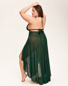 Dark green lace mesh backless babydoll dress with halter ties and draped skirt