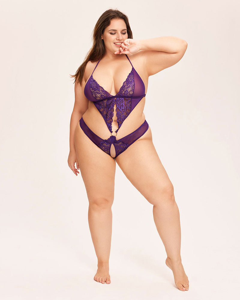 Purple lace mini teddy bodysuit with deep V cups and lace hip straps