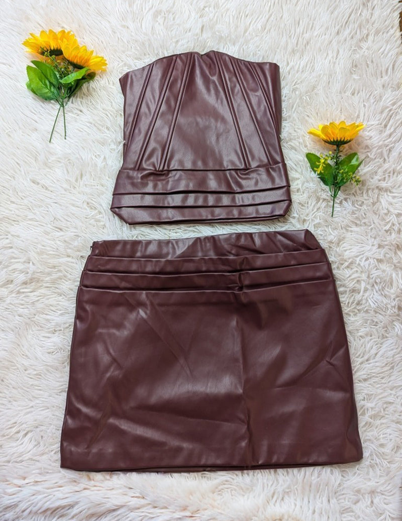 Wine red PU strapless corset top and ruched mini skirt set, two-piece