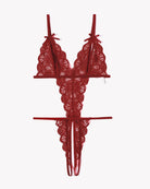 Red lace deep V teddy bodysuit with scalloped floral pattern and ribbon shoulder ties