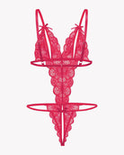 Hot pink lace deep V teddy bodysuit with floral lace cups and ribbon shoulder ties
