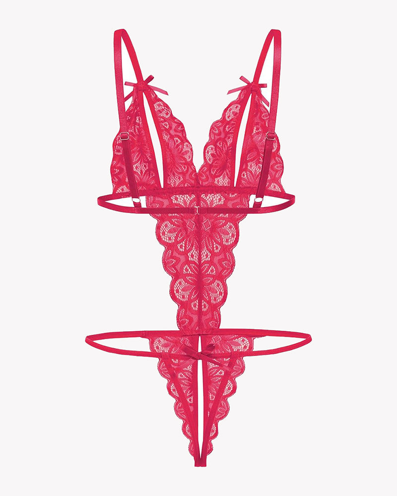 Hot pink lace deep V teddy bodysuit with floral lace cups and ribbon shoulder ties