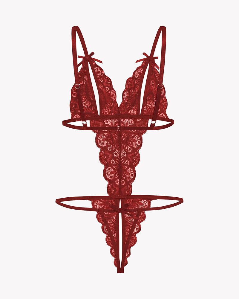 Dark red lace deep V teddy bodysuit with floral lace cups and two strap ribbons