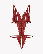 Dark red lace deep V teddy bodysuit with floral lace cups and two strap ribbons