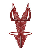 Dark red lace deep V teddy bodysuit with floral lace cups and ribbon ties