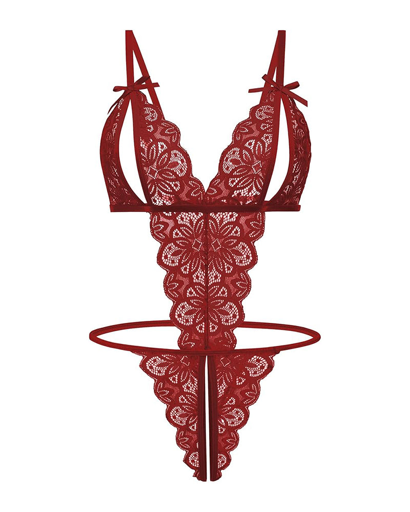 Red lace deep V bodysuit with tie shoulder straps and thong bottom