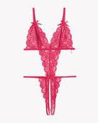 Fuchsia pink lace deep V teddy bodysuit with lace front and ribbon shoulder ties